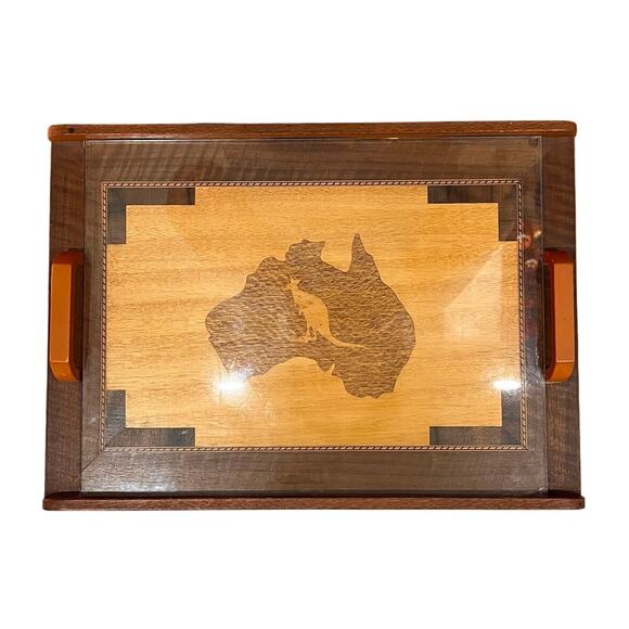 Vtg OOAK Wood Inlay Serving Tray Australia Map Kangaroo Design w/ Handles 18x13” - Picture 1 of 11